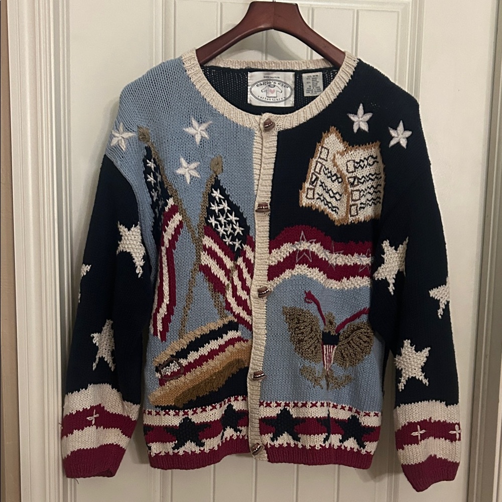 Patriotic Flag Eagle’s Eye M hand Knit Cardigan Sweater - Picture 2 of 4